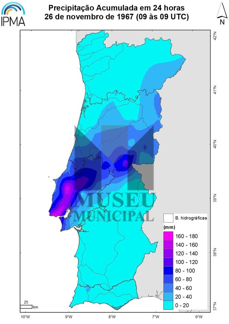 Precipitação acumulada em 24 horas. Portugal Continental, 26 de novembro de 1967 .Col. Instituto ...