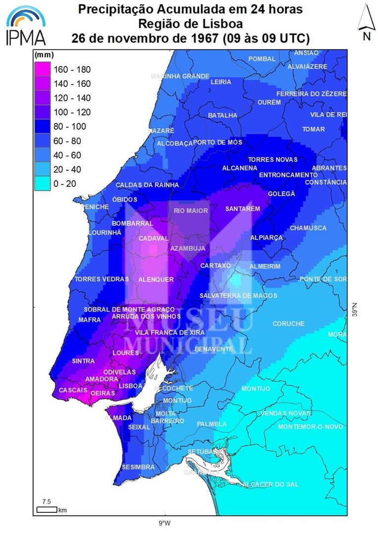 Precipitação acumulada em 24 horas - Região de Lisboa. Região de Lisboa, 26 de novembro de 1967. ...